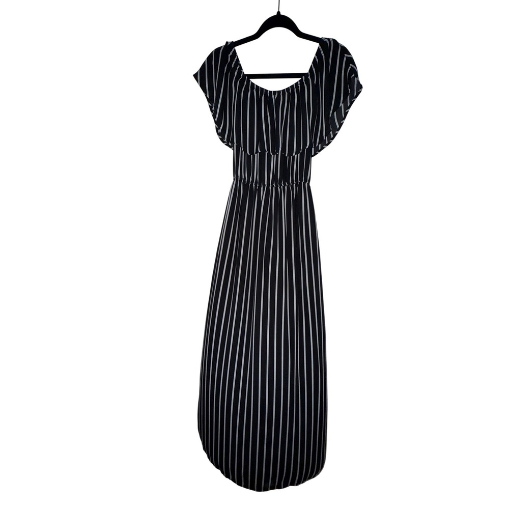 Minx Black White Striped Off Shoulder Ruffle Maxi Dress Small